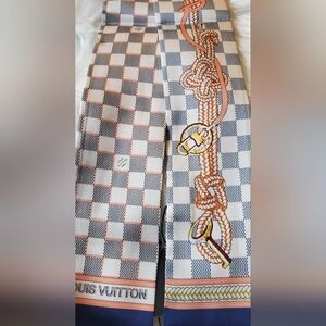 100%Silk Checkered Bag Twilly, Scarf, with Trunk Design